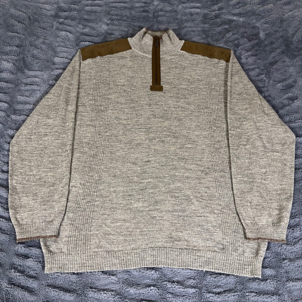 KUNA Mens‎ XL Baby Alpaca Linen Quarter Zip Sweater Gray Suede Shoulder Patches